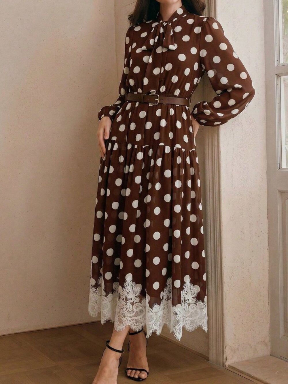 Coffee Elegant Women's Polka Dot Chiffon Lace Tie Waist Long Sleeve Dress - Picture 4 of 7